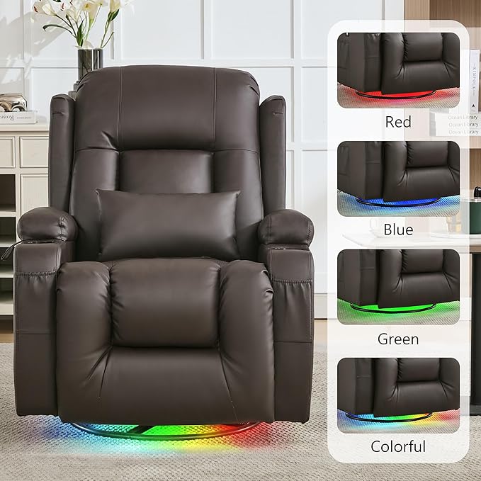 URRED Rocker Recliner Chair for Adults 270° Swivel Glider Reclining Single Sofa with LED Ambient Light Cup Holders and Side Pockets Faux Leather Recliner for Living Room or Home Theater Brown