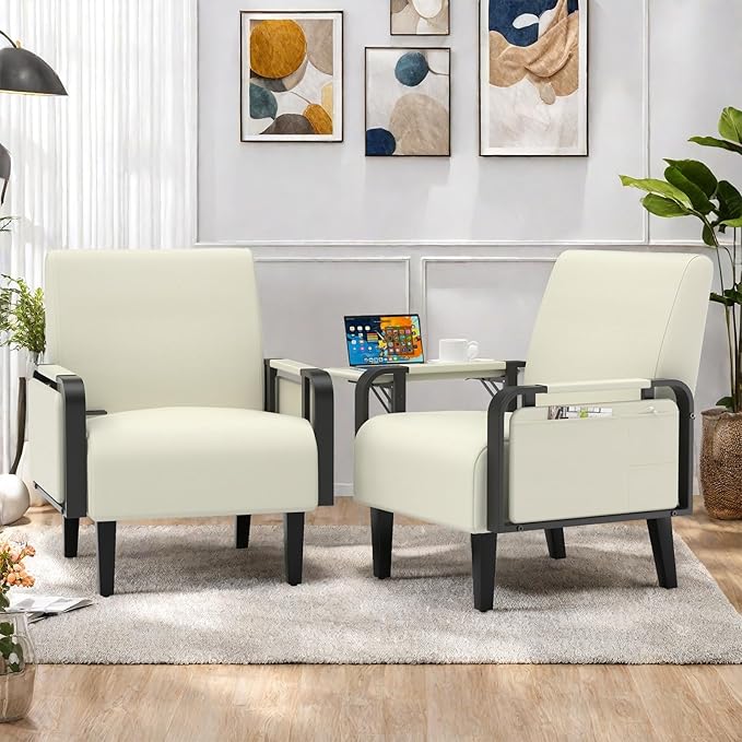 Faux Leather Accent Chair Modern Upholstered Armchair with Tray Table Comfy Reading Chair for Living Room Bedroom Guest Room Beige