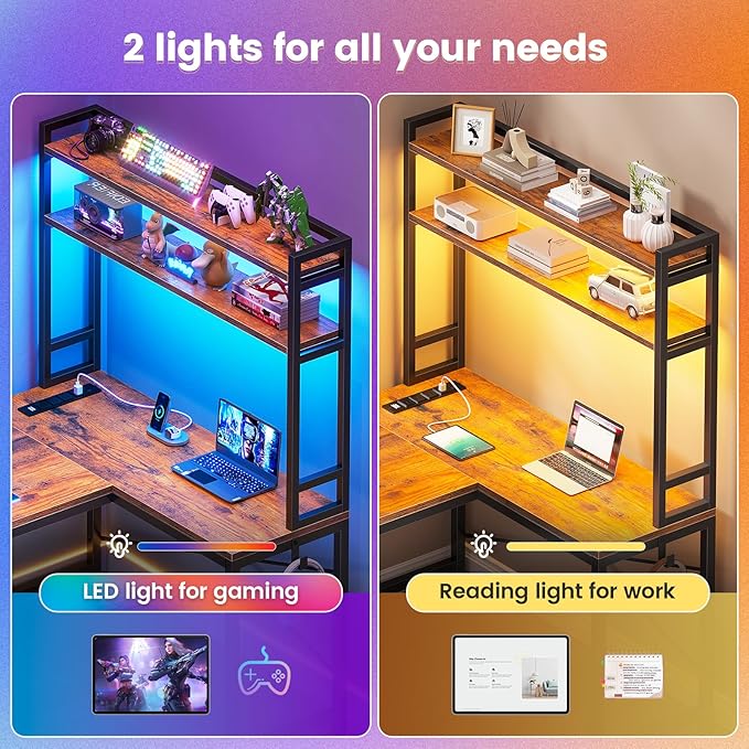 SEDETA L Shaped Desk with Hutch 45.3” Reversible Home Office Desk L Shaped Gaming Desk with LED Lights Power Outlet Storage Shelves and Hooks for Small Space Rustic Brown