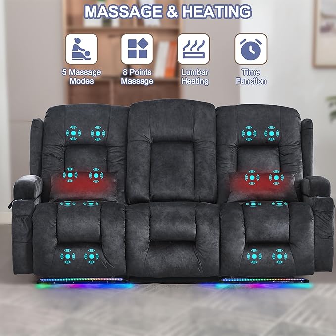 TUNYI Power Loveseat Recliner Sofa with Massage &amp Heat Home Theater Seating with Console RV Recliner Loveseat Sofa with USB/Storage/Side Pocket/LED Light/Speaker (Grey 3 Seat)