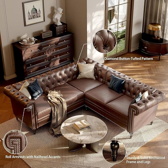 85 Chesterfield Sectional Sofa L Shaped Convertible Faux Leather Couch with Tufted Nailhead &amp Rolled Arms 5-Seater Leather sectional couches for Living Room Apartment Office Dark Brown