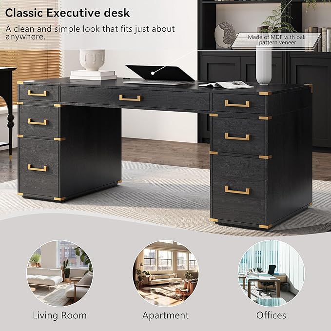 70 Extra-Large Executive Desk with Metal Edge Trim Classic Traditional Writing Desk for Home Office - 7 Drawers USB Ports Hidden Compartment &amp Drop-Front Keyboard Tray