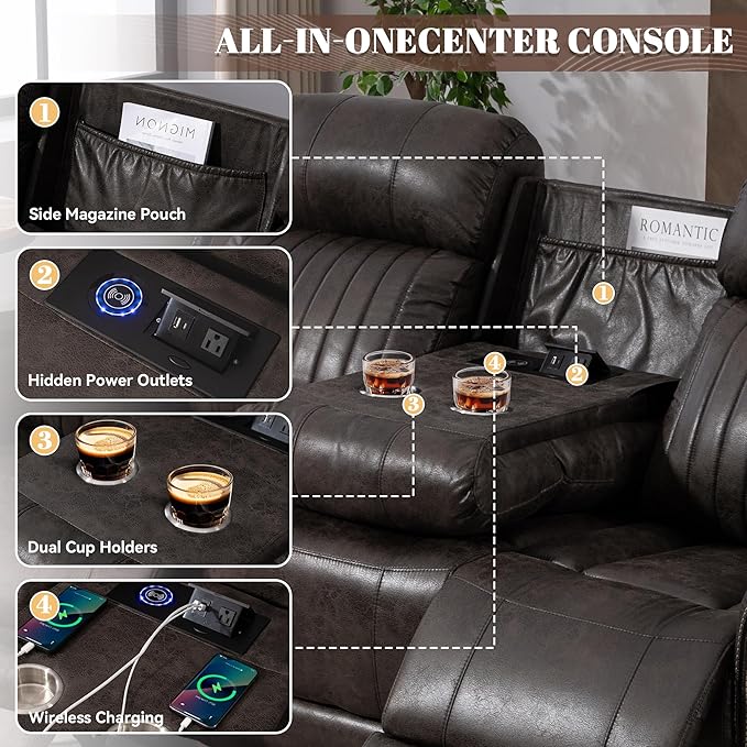 Zero Gravity Power Recliner Sofa Couch – Electric Reclining Sofa with Drop Down Table 3 Seater Dual Reclining Couch with Adjustable Headrests for Living Room (Foil Fabric Brownish Gray)