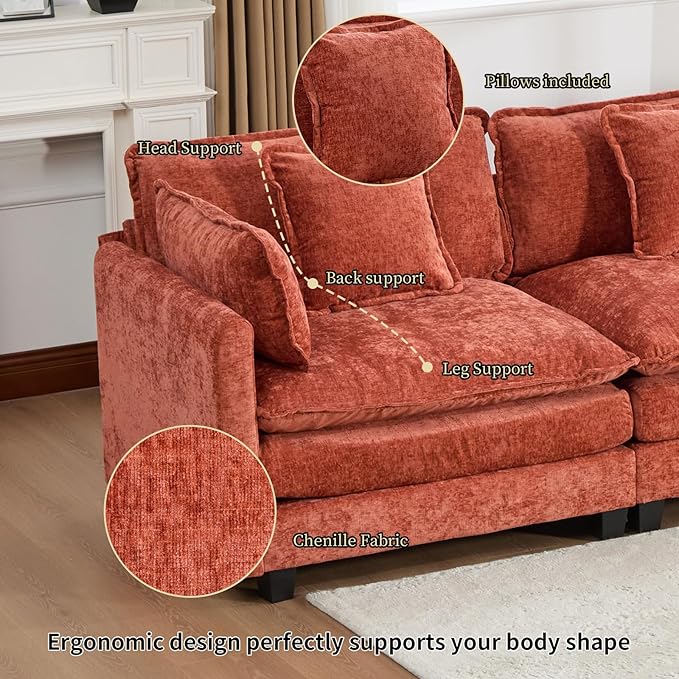 146.5 Orange Modular Sectional Sofa 4 Seater Large Sectional Couches for Living Room Chenille Fabric Oversized Cloud Couch with Ottoman Deep Seat Home Sofas Set Sofá Moderno L Shaped