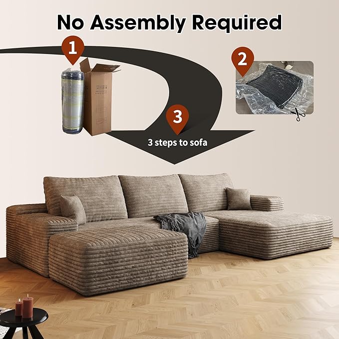 Ball &amp Cast 107 Cloud Sectional Couch with OttomanModern Upholstered Boneless Modular Sofa for Living Room BedroomDeep Seat Compression SofaNo Assembly Required Plush CorduroyRight FacingCam