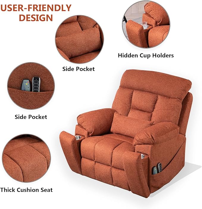 4 Motor Power Lift Recliner Chair for Elderly 400LBS Big Man Oversized Lay Flat Recliner with Massage Heat Zero Gravity Electric Lift Chair Adjustable Headrest Cup Holders Orange