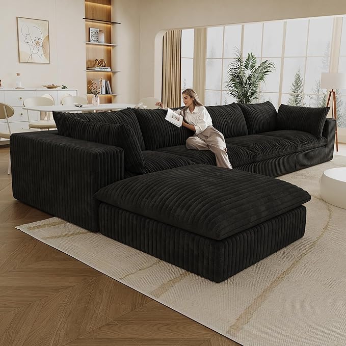 157.6 Oversized L Shaped Modular Boneless Sofa with Ottoman Cloud Sectional Couches for Living Room Deep Seat Corduroy Upholstered Couch Furniture Set No Assembly Required (4 Seater+1 Ottoman)