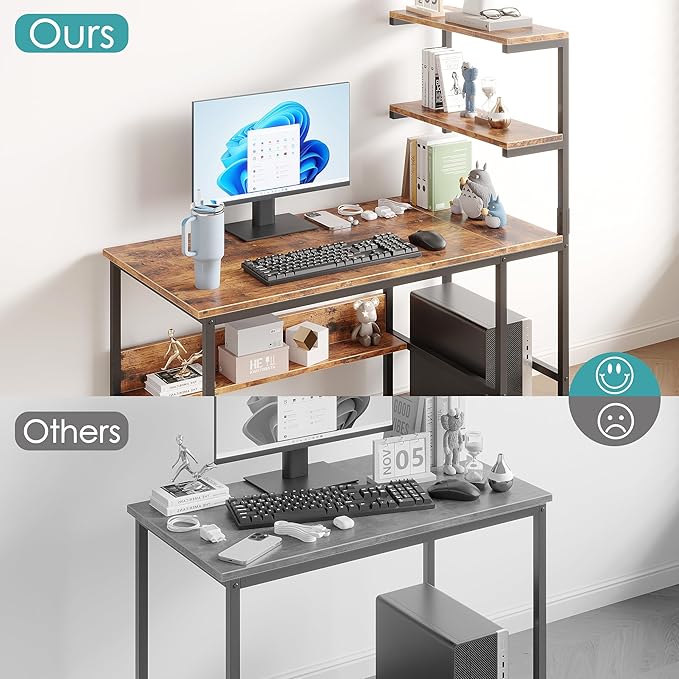 L-Shaped Computer Desk with 4-Tier Storage Shelves 43 inch Writing Desk with Bookshelf for Home Office Reversible Corner Gaming Desk for Bedroom Brown (Brown)