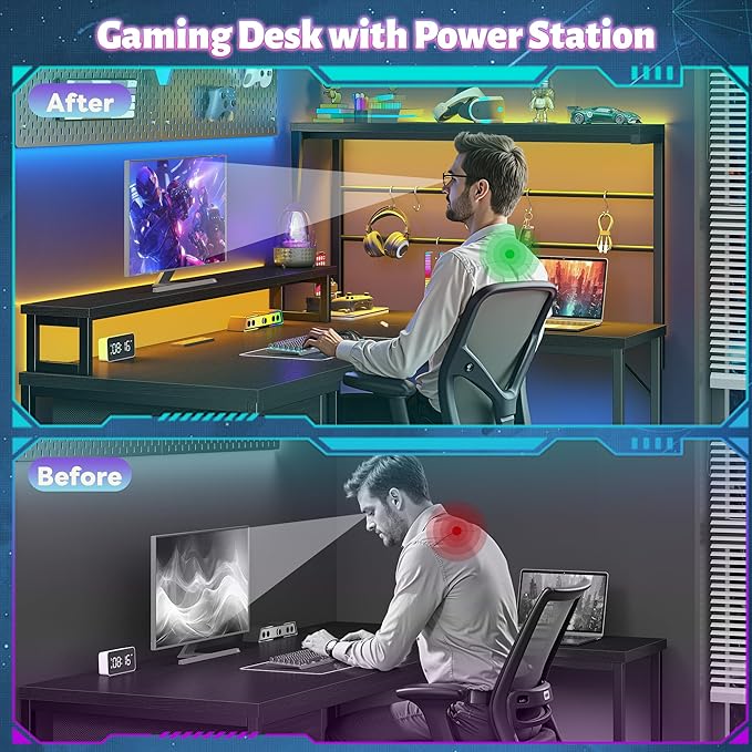 EnHomee 52.2'' Gaming Desk with LED Lights &amp Fabric Drawer L Shaped Computer Desk with Ergonomic Monitor Stand Reversible Office Desk with Hutch &amp Power OutletCorner Desk with HooksBlack