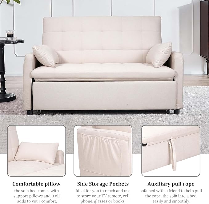 66 Beige Sofa Sleeper Loveseat Sofa Bed Queen Size Pull Out Couch with 2 Pillows Pocket &amp Adjustable Backrest Small Couch Bed for Small Spaces Bedroom Apartment Living Room | Convertible A