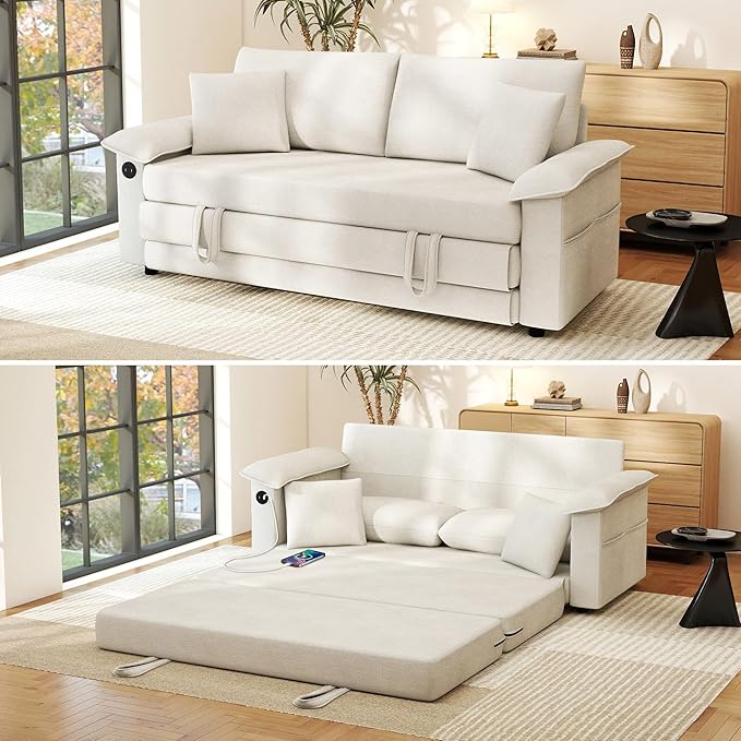 SUNWAVE 77 Loveseat Sleeper Sofa Convertible Sofa Bed 2-Seat Pull Out Couch w/USB Chenille Folding Sofa Bed for Living Room Small Spaces Bedroom (Ivory) | 9 Wider Amrest Breathable Chenille Stay