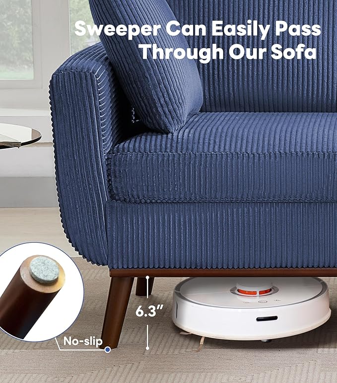 Tbfit Corduroy Couch for Living Room Mid Century Modern Sofa with Spring Cusions for BedroomComfy Upholstered Couches Easy Assembly with Solid Wood Legs &amp 2 Pillows (Blue 65inch)