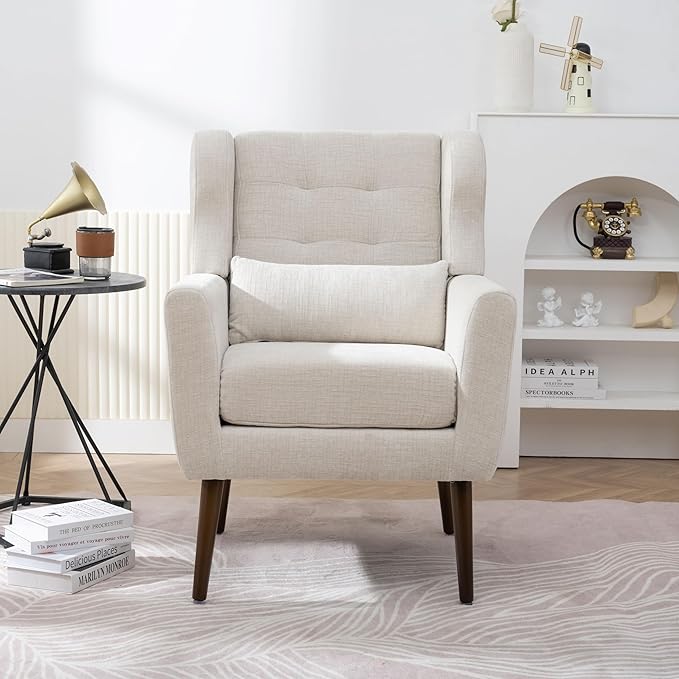 Modern Accent Chair Chenille Upholstered Arm Chair with Pillow Comfy Soft Padded Chair Fabric Single Sofa Chair Reading Accent Chair for Living Room Bedroom Beige