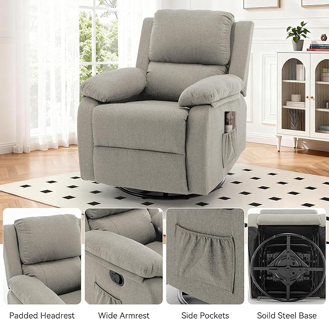Recliner Chair 360 Swivel Rocker Chair for Adults Small Rocking Recliner for Small Spaces Upholstered Fabric Glider Recliner Nursery (Swivel Rocker Recliner Light Khaki)