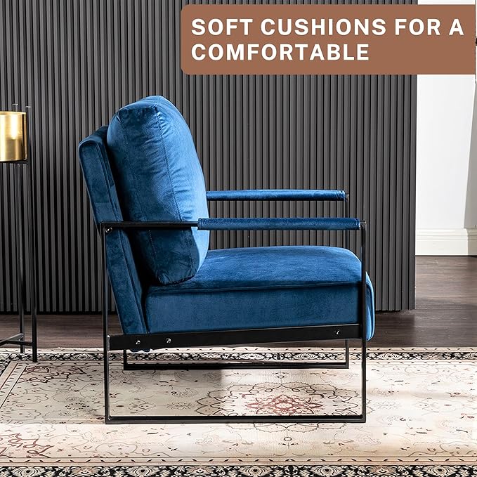 Modern Accent Chair for Living Room Bedroom Mid Century Arm Chair Velvet Office Accent Chair Reading Chair with Metal Frame for Balcony Lounge Blue Velvet