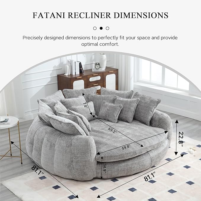 81.1 Oversized Round Chaise Lounge Chair Extra-Wide 2-Person Accent Chair with 14 Pillows Comfy Cloud Sleeper Sofa for Living Room (Grey)
