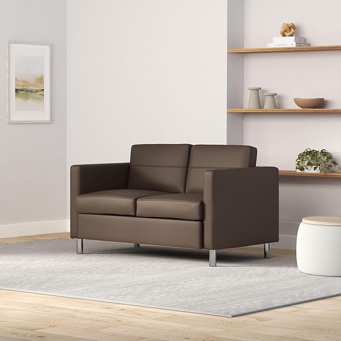 Office Star Pacific Loveseat with Padded Box Spring Seats and Silver Finish Legs Dillon Java Faux Leather