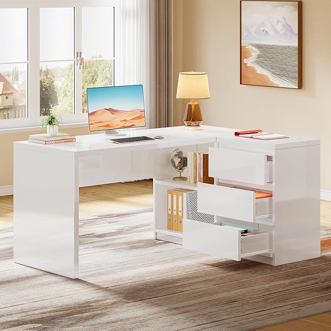 Tribesigns White L-Shaped Computer Desk with 3 Drawers 55-Inch Modern Gloss Corner Home Office Executive Desk with LED Lights and 2 Storage Shelves for Work Study Writing