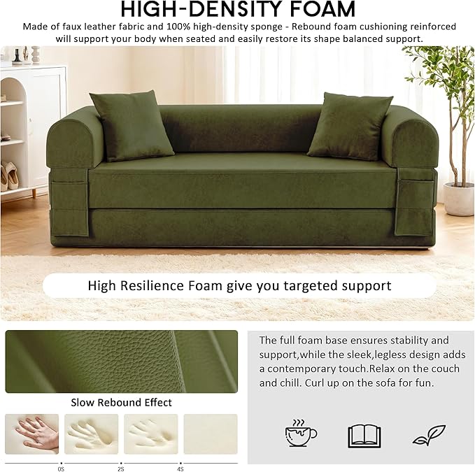 78.5 Convertible Sleeper Sofa Bed Faux Leather Deep Seat Folding Floor Sofa with Pullout Bed &amp 2 Pillows No Assembly Modern Boneless Couch Compression Sofa in Box for Living Room Office Green
