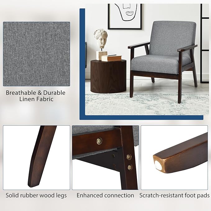 POWERSTONE Mid Century Accent Chair Set of 2 Modern Armchair Wood Frame Linen Upholstered Reading Lounge Leisure Side Chair for Living Room Bedroom Dark Grey