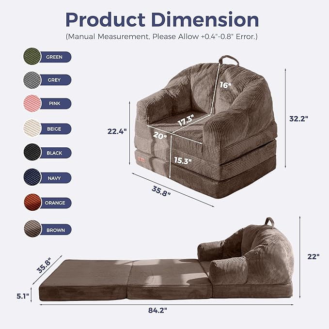 MAXYOYO Folding Sofa Bed with Backrest Boneless Fold Out Couch Bed with Handle 2 in 1 Convertible Bean Bag Chair to Floor Sofa Lounger Comfy Folding Couch for Bedroom &amp Living Room Brown