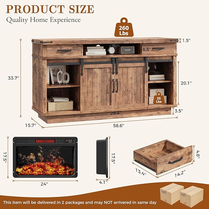 Fireplace TV Stand for TVs up to 65 Electric Fireplace with 3D Flame Farmhouse LED Light Entertainment Center TV Console with with 2 Drawers Sliding Barn Door for Living Room - Brown