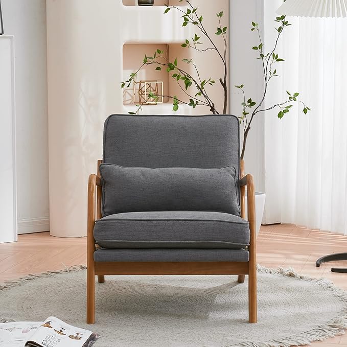 Living Room Chairs Mid Century Modern Accent Chair Single Lounge Reading Armchair Solid Wood Armrest Bedroom Chair Recliner Sofa Dark Grey