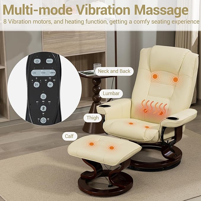 8-Point Massage Recliner with Ottoman Heated PU Leather Reclining Chair w/Solid Wood Base Indoor Lounge TV Chair with Footrest for Living Room and Bedroom Beige