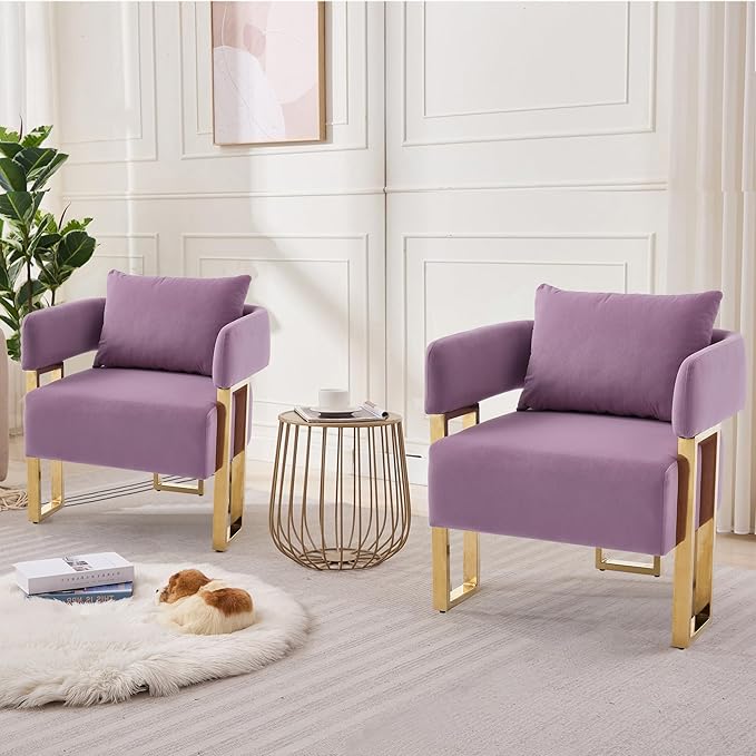 YITAI Modern Accent Chairs no Wheels Living Room Side Chairs with Golden Metal Legs Barrel Soft Velvet Upholstered Reading Armchairs for OfficeStudyReception RoomBedroomLoungePurple Set of 2