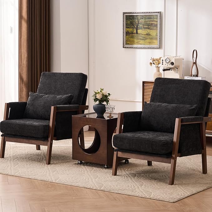 Accent Chairs Set of 2 Mid-Century Modern with Lumbar Support Pillow Upholstered Living Room Chairs with Wooden Chenille Armchair with Cushion Anthropologie Side Chair for Bedroom Black