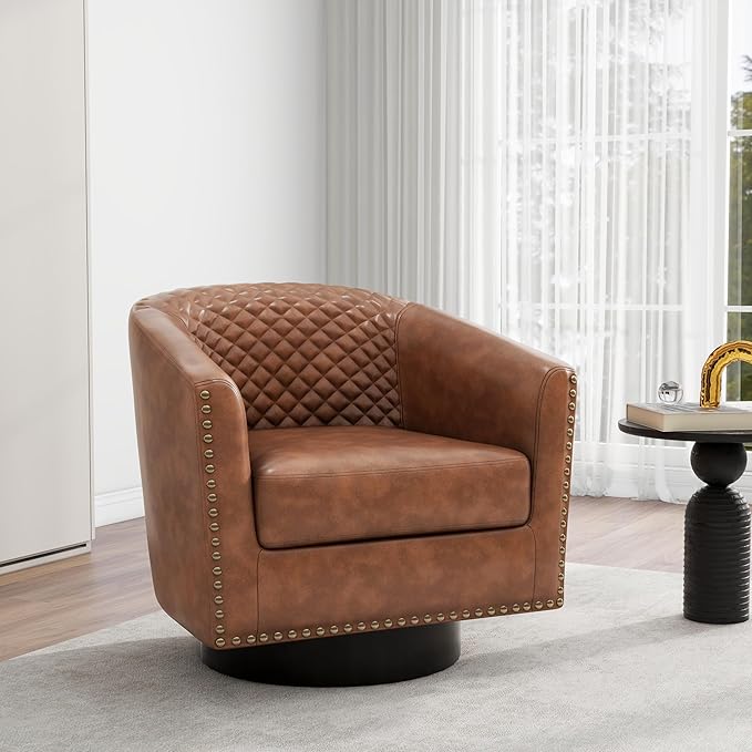 Swivel Barrel Accent Chair Set of 2 Comfy Modern Upholstered Round Faux Leather Arm Chair for Living Room Bedroom - Brown