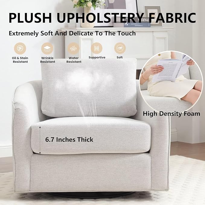 MINCETA Oversized Accent Chair for Living Room 360° Swivel Barrel Chair with High Density Foam Modern Reading Chair with Performance Fabric Upholstered Armchair for Apartment Bedroom White