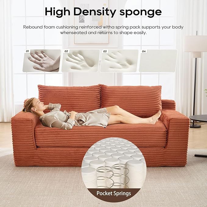 2 in 1 Convertible Sleeper Sofa Bed 72 Corduroy Loveseat Sofa w/ 2 Pillows Oversized Chaise Lounge Chair Indoor Pull Out Couch Bed for Small Spaces/Living Room/Bedroom No Assembly (Orange)