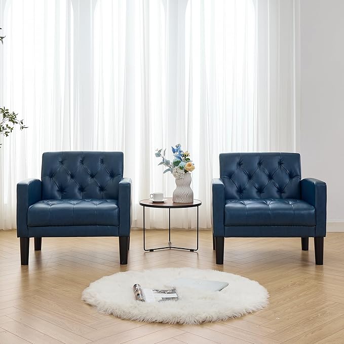 TYBOATLE Accent Chairs Set of 2 Comfy Living Room Chair Leather Tufted Mid Century Modern Accent Chair Small Cozy Reading Arm Chair for Office Bedroom (2 Blue)