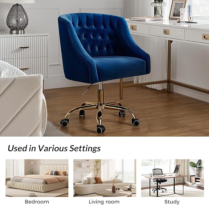 TINA'S HOME Velvet Home Office Chair with Gold Base Comfortable Modern Cute Desk Chair Adjustable Swivel Task Chair for Living Room Bedroom Vanity Study Navy