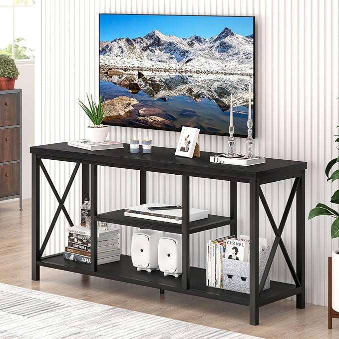 EXCEFUR Modern Entertainment Center for TVs up to 55 Inch Wood TV Stands with Storage Shelves Industrial Media TV Console Table for Bedroom Living Room 47 Inch Black Oak