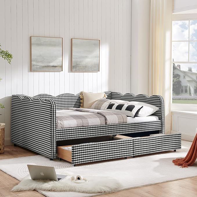 Cozy Gingham Daybed with Trundle Twin Size Sofa Bed No Box Spring Needed with USB Port and Adorable Wave Shaped Linen Fabric Navy (Black+Full+2 Drawers)