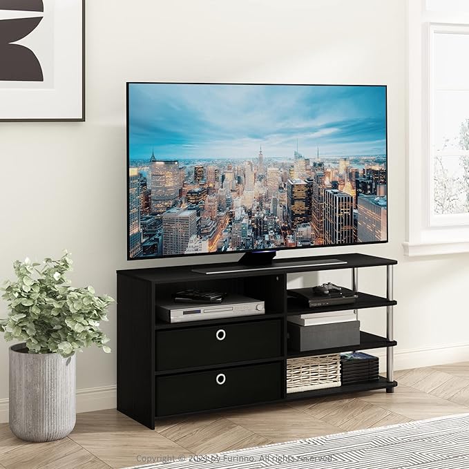 Furinno JAYA Simple Design TV Stand for up to 55-Inch with Bins Americano Stainless Steel Tubes
