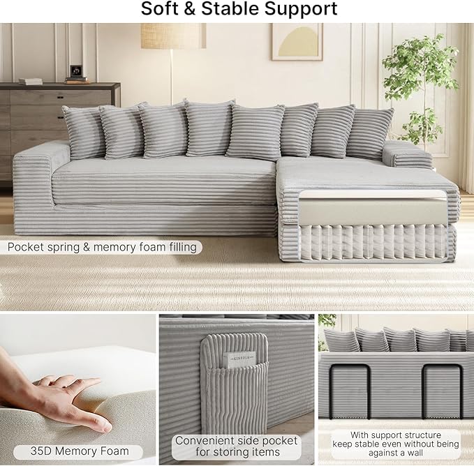 110 Boneless Couches for Living Room Cloud Modular Sectional Sofa Bed Customizable Convertible Sleeper Sofa Plush Corduory Folding Futon Floor Couch No Assembly(Light GreyRight)