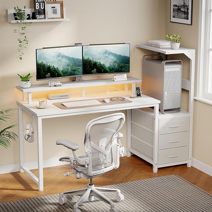 DUMOS L Shaped Gaming Desk with Shelves Storage Drawers 52'' White Computer Desks with LED Lights Power Outlets Office Wood Table with PC Stand Cable Management for Bedroom Dual Monitor Streaming