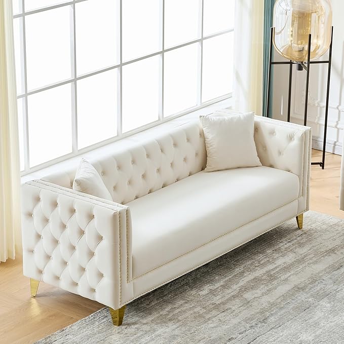 DEINPPA 2 Piece Chesterfield Couch Sets Velvet 3 Seater Sofa Set with Throw Pillows Comfy Couch with Nailhead Trim and Metal Legs for Living Room/Apartment/Office-Beige
