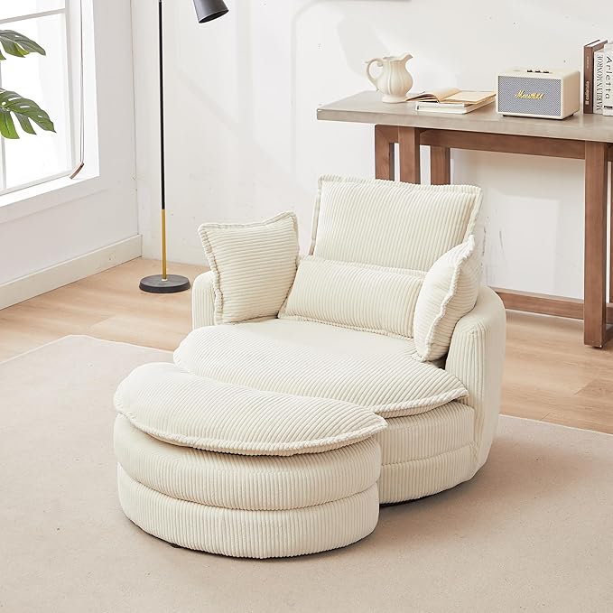 Modern Swivel Chair 38 W Oversized Swivel Chair with Moon Storage Ottoman Accent Round Loveseat Circle Swivel Barrel Chairs with 4 Pillows Cuddle Sofa Chair Lounger Armchair (Beige * 99)
