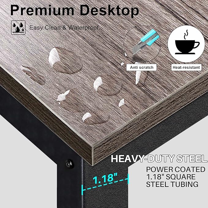 Aquzee Desk with Hutch Bookshelves Computer Desk with 3 Tiers Storage Shelves Space Saving Design Black Metal Legs Desk with Grey Board Easy Assemble
