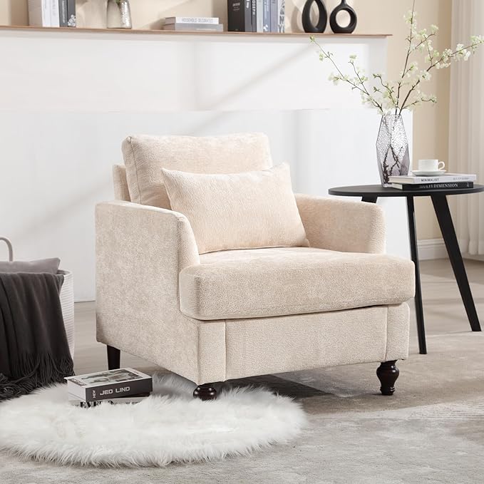Mid Century Modern Linen Fabric Accent Chair for Living Room Bedroom Guest Room Office Apartment Waiting Room Furniture Upholstered Armchair Reading Accent Chairs (Beige)