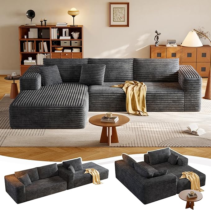 108.2 Modular Sectional Sofa with Deep Seat Boneless L Shaped Corduroy Couch Modern Comfort Cloud Couch Oversized for Living Room No Assembly (Left Facing Chaise Gray)