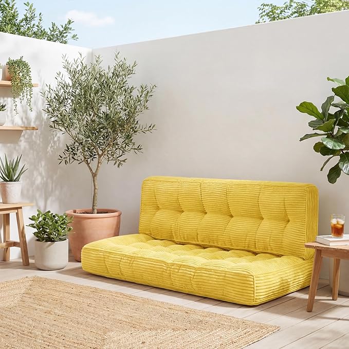 63 Inch Folding Bench Cushion 4 Inch Thick 2-in-1 Convertible Long Floor Lounger Boneless Cushions Couch Mattress Upholstered for Yoga Reading Sleeping Meditation Living Room(Yellow)