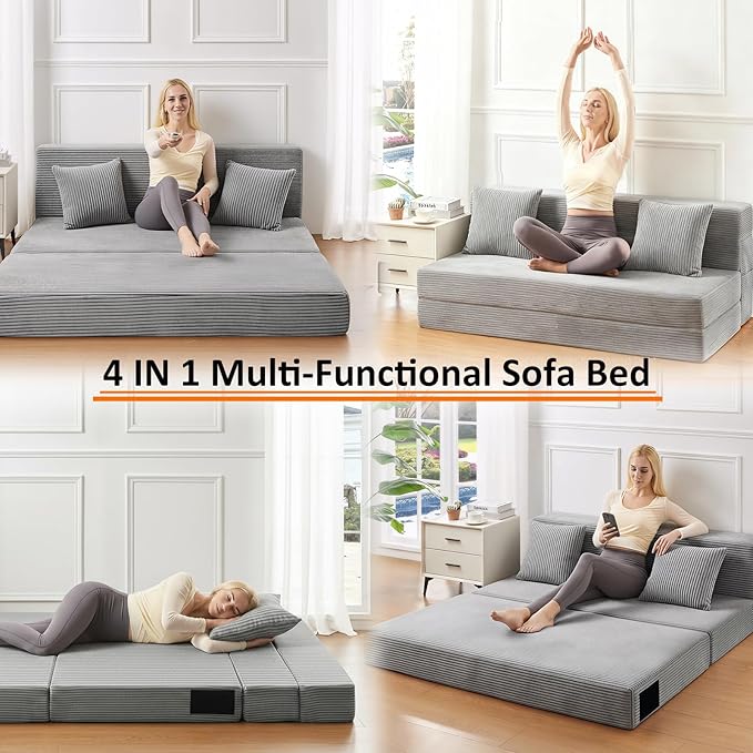 Twin Size Folding Sofa Bed - 4 in 1 Convertible Sleeper Chair with Pillow - High Density Memory Foam Futon Couch - Foldable Bed for or Living Room Bedroom (Dark Grey)