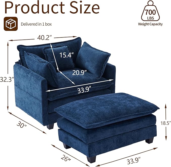 SweetGO corporation 40 Chenille Lounge Chair for Reading Modern Couch Cozy Sofa Bed Upholstered Living Room Single Sofa Accent Chair with Ottoman Set of 2 Blue