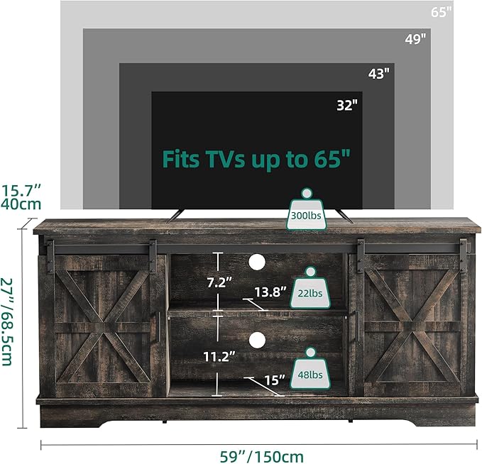 YITAHOME Farmhouse TV Stand for 65 Inch Television Stand Entertainment Center with Storage Cabinets and Sliding Barn Doors Rustic Media TV Console Table for Living Room Dark Rustic Oak
