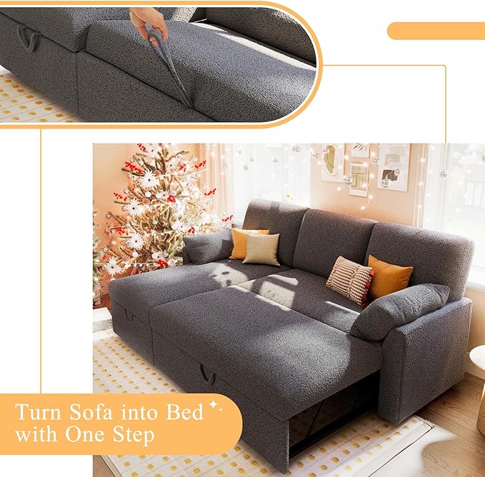 VanAcc Sofa Bed Sleeper Sofa with Storage Chaise- 2 in 1 Pull Out Couch Living Room Comfy Sleeper Couch Grey Boucle